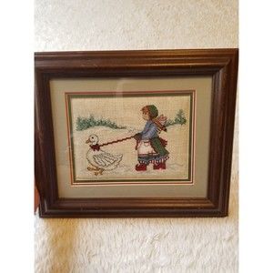 Framed Vintage Cross Stitch Snowy Winter Scene Girl with Goose